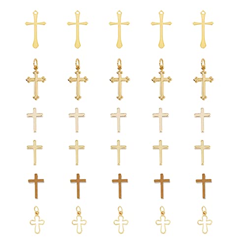 SUPERFINDINGS 36Pcs 6 Styles Small Cross Charms 18K Gold Plated Brass Cross Pendants Jesus Christ Cross Charms Pendants for Jewelry Making Crafting Findings Handmade Craft DIY,Hole: 1~3mm