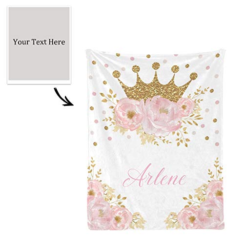 Yeshop Princess Floral Pink Gold Crown Personalized Receiving Baby Blankets for Girls Boys with Name,Customized Swaddle Blankets Gift for Newborn Crib Infants 30x40 Inches