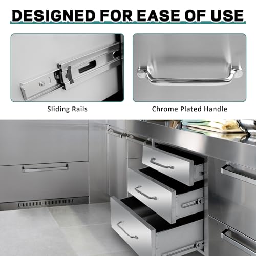 Image of Outdoor Kitchen Drawers 18''Wx 24''H x 23''D Stainless Steel Drawer BBQ Triple Drawers with Chrome Handle for Outdoor Kitchen Island, Patio Grill Station