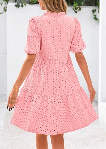 Image of KIRUNDO Eyelet Summer Dresses for Women 2026 Mini Casual Hollow Out Short Sleeve Lace Tiered V Neck Shift Dress Pockets