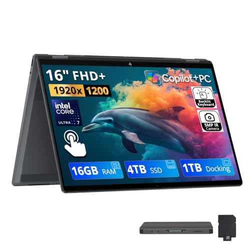Image of HP OmniBook X Flip 2-in-1 16 inch 2K Touch Copilot+ PC Laptop, Intel Core Ultra 7 256V, 16GB LPDDR5X, 5TB Storage (4TB SSD+1TB Docking Station), Intel Arc 140V GPU, Backlit Keyboard, Win 11, Gray