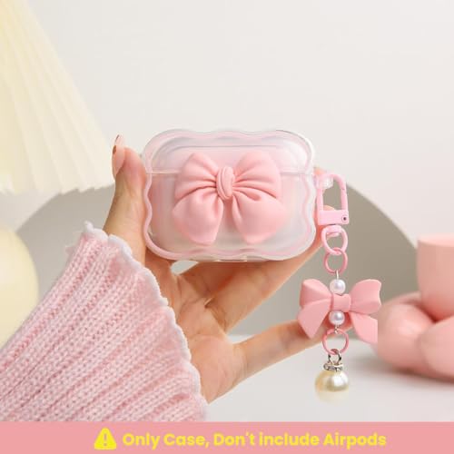 Image of ZORBES Compatible with AirPods Pro 2, TPU Charging Case Cover with Jelly Finish, Pink Bow Charm Design and Pendant Bow Chain, Anti-Scratch Protective Earbud Case