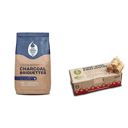 Long Burn BBQ Charcoal Briquettes, Use for charcoal barbecues and smokers. Natural and sustainable, quick lighting and long burn time. & FEWW24 Wood Wool Natural Firelighters 24 Piece Box,