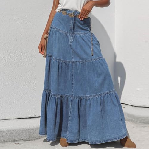 Women's Casual Denim Maxi Skirt Patchwork Ruched High Waisted Skirts Stretch Jean Long Skirt Trendy Dress with Pockets2
