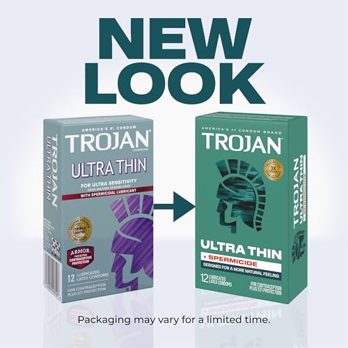 Image of Trojan Ultra Thin Plus Spermicide Latex Lubricated Condoms for Men, Thin Condoms for a More Natural Feeling, Helps Reduce Risk of Pregnancy and Sexually Transmitted Infections (STIs), 12 Count