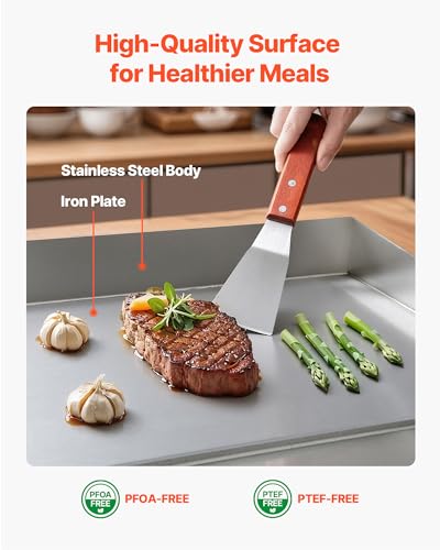 Image of VEVOR Commercial Electric Griddle, 13.98 x 11.81 inch, 1750W, 122-570F Adjustable Temp Control, Stainless Steel Countertop Flat Top Grill with 2 Spatulas and 2 Brushes, for Steak, Pancake, Squid