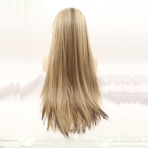 Long Straight Mixed Color Blonde Brown Synthetic Lace Front Wig With Heat Resistant Two Tone Glueless Replacement Wigs
