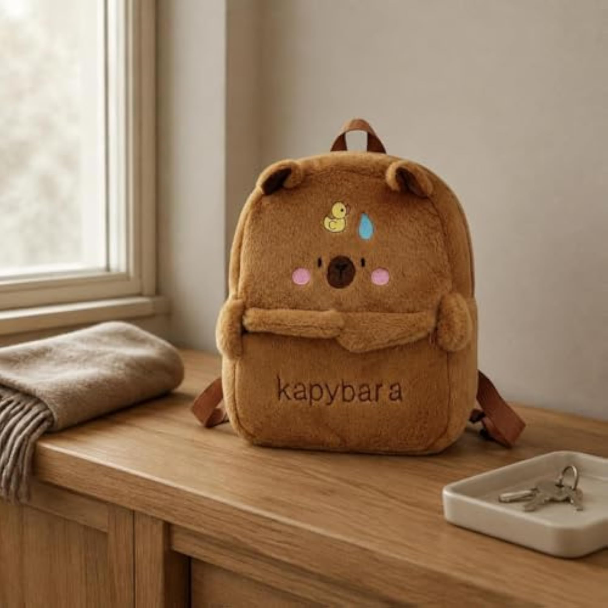 Embroidered Capybara Soft Backpack, Front Pocket