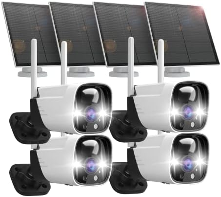 4 Pack Security Cameras Wireless Outdoor Solar Powered with AI Detection, 2K Color Night Vision Security Camera with 2 Way Audio, Work with Alexa, No Monthly Fee, Spotlight & Siren, IP65 Waterproof
