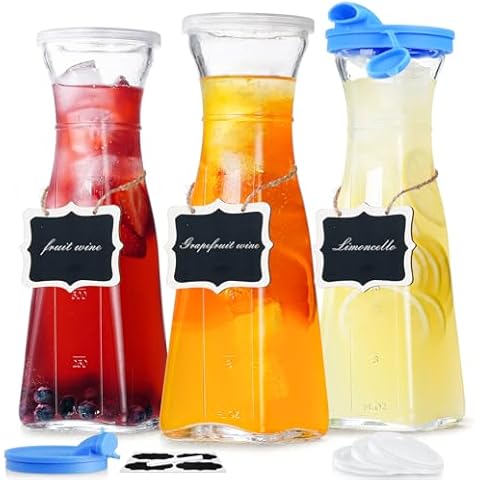 Ritayedet 3 Pack 35 Oz Square Glass Carafe with 5 Lids and 2 Silicone Pour Spouts! Glass Pitchers for Fridge - Glass Beverage Dispensers for Water, Iced Tea, Beverage, Milk, Cold Brew and Mimosa Bar Cover