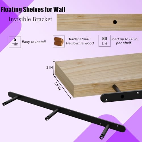 Image of IAE Floating Wall Shelves 72 inch,Bathroom Shelf Wall Mounted,Invisible Shelf Floating Kitchen Shelves,Wooden wall Shelving with Brackets for Living Room wall Mounted,Easy Install,Set of 2,Natural