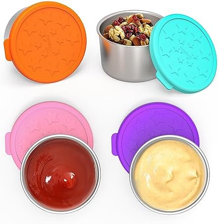 SOPHICO Salad Dressing Container To Go, Small Condiment Containers with Leakproof Silicone Lids, 1.6oz Kids Sauce Cups Stainless Steel Dips Food Storage for Lunch Box Picnic Travel (4 Color, 4 Pack)