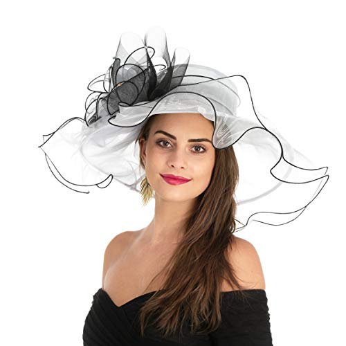 Women's Organza Church Kentucky Derby British Fascinator Bridal Tea Party Wedding Hat Summer Ruffles Cap（HL-White Black Line） - Thumbnail 3