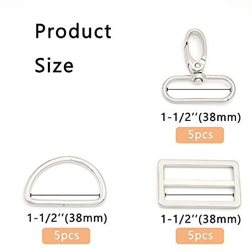 Melordy 15Pcs Metal Swivel Snaps Hooks With D Rings And Tri-Glides Slide Buckles For Key Lanyard Purse Bag Straps Dog Collars Diy Sewing Hardware Craft (1-1/2 Inch,Silver) #TOP1