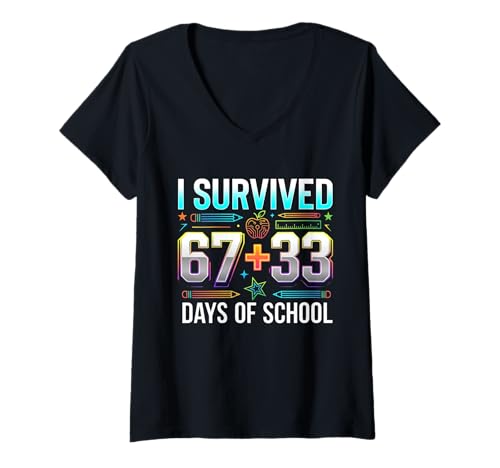 Mujer Sobreviví 67 33 Días de Escuela Maestro Estudiante Niños 100 Día Camiseta Cuello V