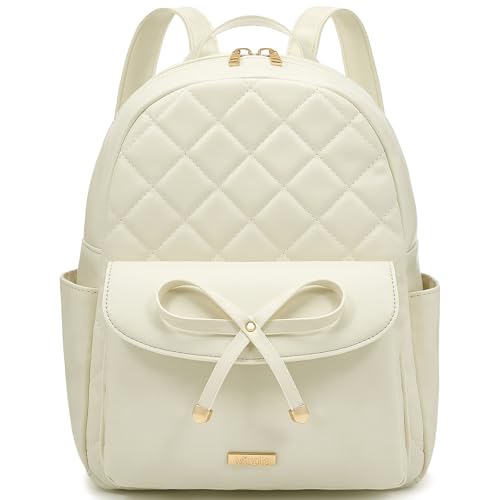 Marvolia Mini mochila para mulheres e meninas - Mochila de couro com lindo laço acolchoado pequenas mochilas, Branco, Small