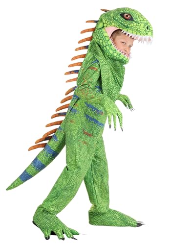 Kids Green Iguana Costume with Scaled Jumpsuit Stuffed Spikes & Claws Headpiece & Shoe Covers L