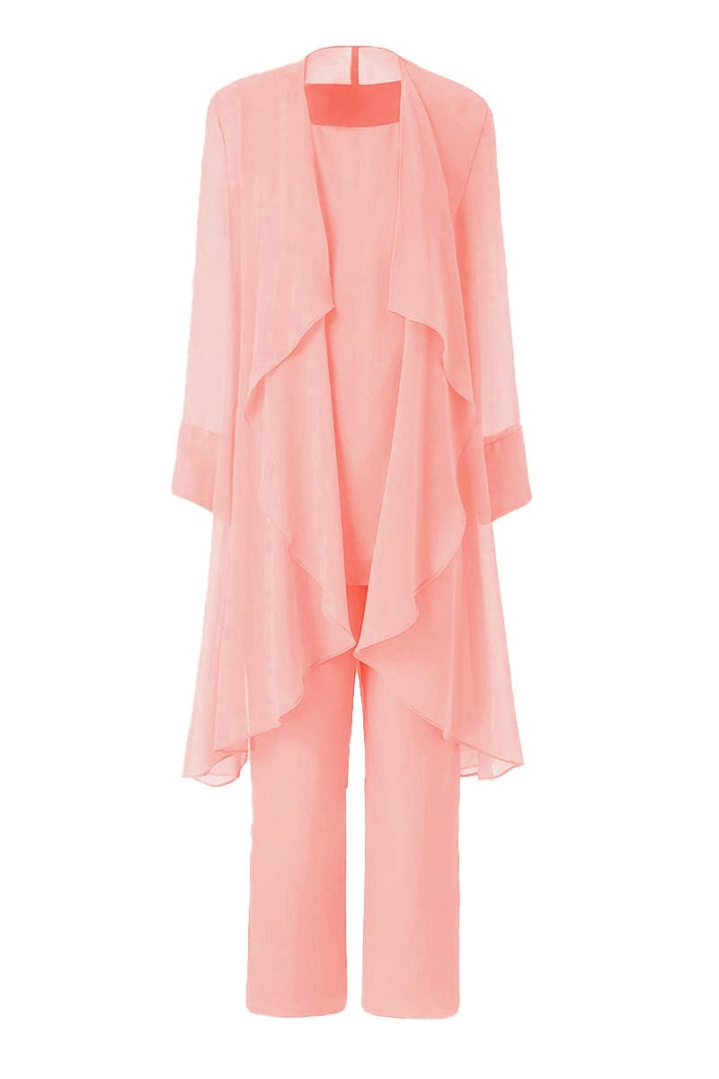 Leader Of The Beauty Women's Coral Mother Of The Bride Pant Suits 3 Pieces Chiffon Outfit Sets For Wedding Pant Suit With Jacket
