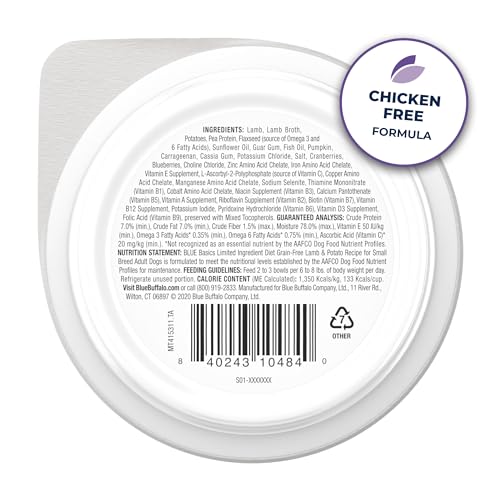 Blue Buffalo Basics Adult Small Breed Grain-Free Wet Dog Food for Skin & Stomach Care,Limited Ingredient Diet,Lamb Recipe,3.5-oz. Cups,12 Count (Pack of 2)