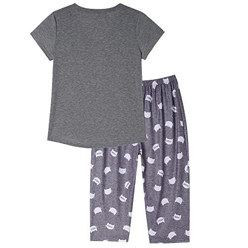 Image of YIJIU Women Soft Comfy Pajamas Cute Cat Short Sleeve Capri Pants PJS Set