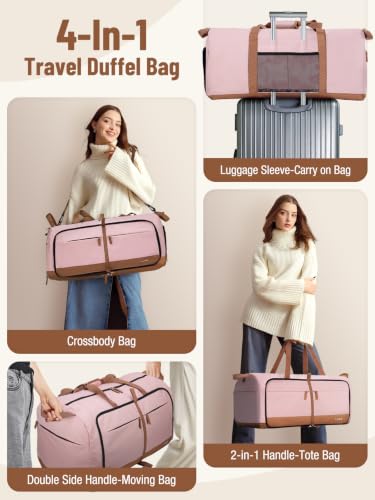 Image of Lekesky Foldable Travel Duffel Bag for Women, 80L Large Duffle Bag with Separate Shoes Compartments & Straps, Carry On Weekend Bag for Women, Hospital, Overnight(Pink)
