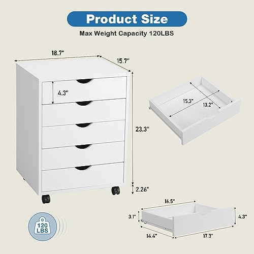 Image of OLIXIS 5 Drawer File Cabinet on Wheels, Printer Stand | Fits Under Desks, Wood Storage Organization Holds Printer, Office Supplies, Not For Hanging Files, For Home Office Use White