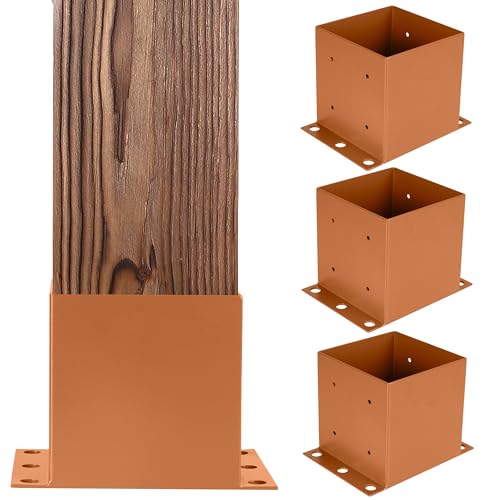 Image of Iron Forge Tools 6x6 Post Base for Concrete, 4 Pack 5.9 inchx 5.9 inch, Brown Powder Coated Heavy Duty Steel Fence Post Anchors for Wood Deck, Fence, Porch, Railing or Pergola Brackets
