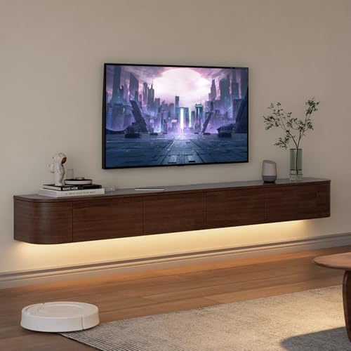 MIMRTIMI Mueble TV Suspendido Madera Maciza muebele TV con Puerta Mueble de Salon para Aparador De Almacenamiento Debajo del Televisor (Brown with Light, 200 * 30 * 20CM)