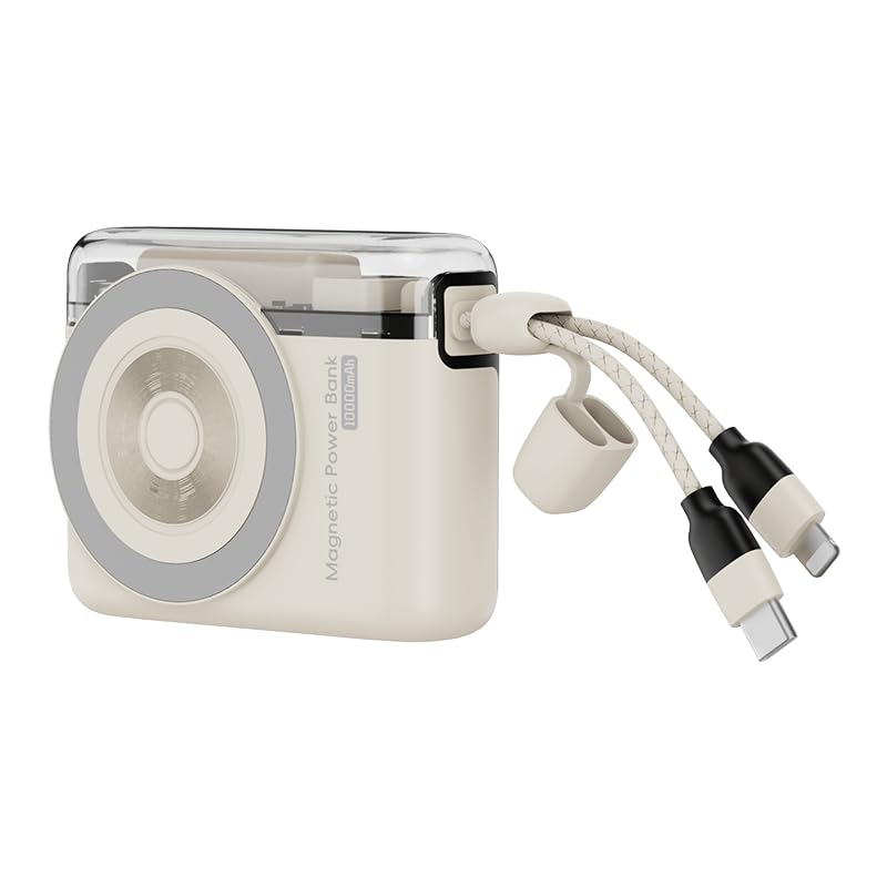 XYZtech X Link A Wireless Power Bank - 10000 mAh - Built-in Dual USB-C and iPh Cables, Compatible with iPhone and Samsung, Cream