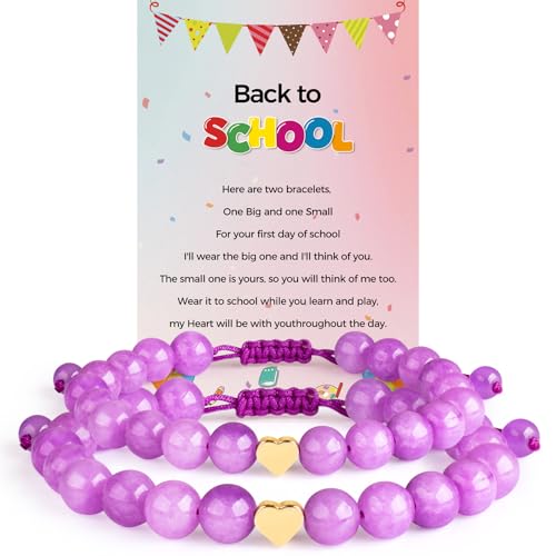 Image of Mommy and Me Preschool Pre-K First Day of School Bracelet Mother Daughter Matching Beaded Heart Bracelets Set Back to School Jewelry Gifts