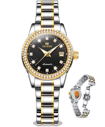 Image of OLEVS Women's Automatic Watch Luxury Mechanical Stainless Steel Two Tone Waterproof Self Winding Dress Small Ladies with Date Diamond Elegant Casual Business Wristwatch Gold /Blue /Black /White