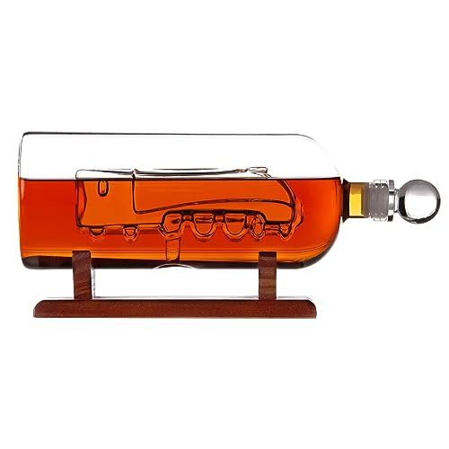 Whisky Decanter - Train Decanter - Gift for Him- Train Design Decanter on Wood Stand and Leak-Proof Stopper - 750 ml