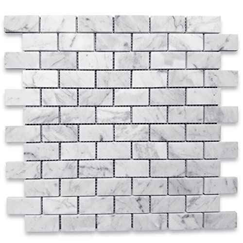 Stone Center Online Carrara White Marble 1x2 Medium Brick Mosaic Tile Honed Kitchen Bath Wall Floor Backsplash Shower (1 Sheet)