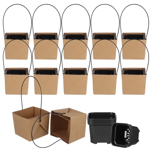 MAGICLULU 12 Macetas Mini para Suculentas con Drenaje, Pack 24 Unidades (12 Macetas de Plástico Negras 12 Cajas de Papel Kraft Impermeables), Ideales para Decoración de Mesa y Regalos