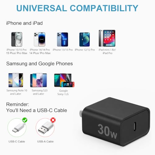 Image of iPhone 17 16 15 Charger Fast Charging 30W USB C Chargers Block Type C Charger 2 Pack 6FT Cord for iPhone 17 /17 Plus /17 Pro Max /Air /16 /16 Plus /16 Pro Max /15 Pro Max /iPad Pro /Samsung (Black