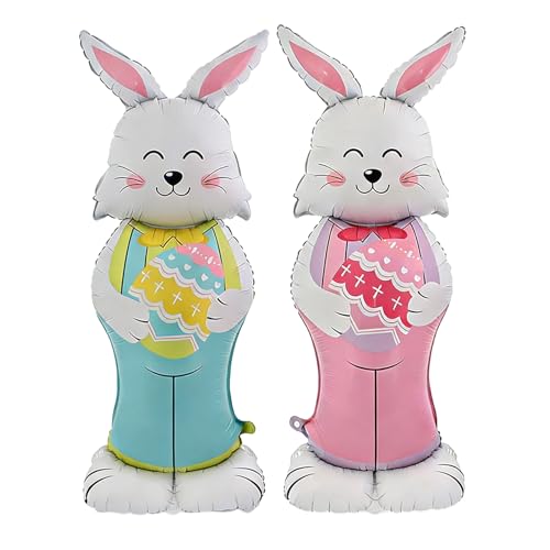 2 Pieces Easter Bunny Foil Balloons 59 Inch Standing Large Rabbit With Base Easters Holiday Party Decoration Balloons Easter Inflatable Bunny For Easters Parties Spring Decorations And Holiday Photo