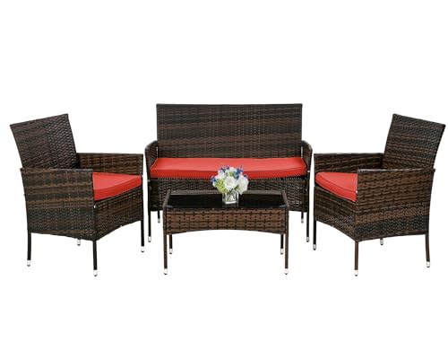 Image of PayLessHere Outdoor Furniture Set 4 Pcs Modular Patio Furniture Set Water Resistant Conversation Set with 3 Rattan Chairs 1 Tempered Glass Topped Table for Patio Poolside, Brown Wicker /Red Cushions