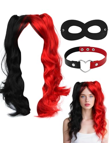 PJPSAA Halloween Costume Accessories Red and Black Wigs Heart Choker Felt Eye Mask for Party Cosplay