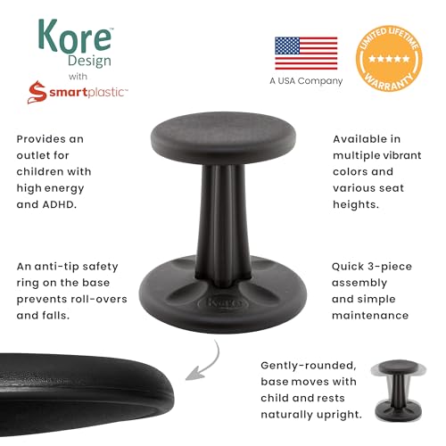 Image of Kore Kids Wobble Stool, Flexible Seating, Ages 6-7, 14in, Black | Wiggle chair for classroom and home boosts focus, improves posture, and provides an energy outlet; anti-tip base; Made in USA