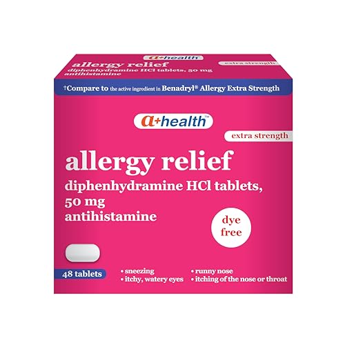 A+Health Allergy Relief Extra Strength Diphenhydramine HCl 50mg Tablets 48 Count Dye-Free Antihistamine Relief of Runny Nose Sneezing Watery Eyes