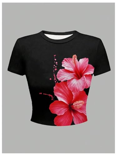 Image of RoseSeek Girl's Floral Graphic Crop Tops Tees Short Sleeve Crewneck Cute Slim Fit T Shirt Summer Tops