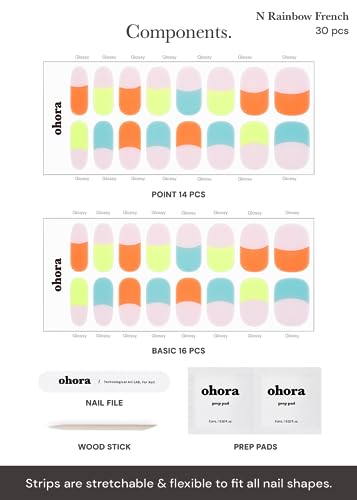 Image of ohora Semi Cured Gel Nail Strips (N Rainbow French) - Nude, French, Works with UV /LED Lamps, Salon-Quality, Long Lasting, Easy to Apply & Remove - Includes 2 Prep Pads, Nail File & Wooden Stick