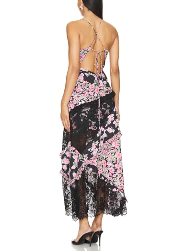 Image of SOOKABEILA Women Y2k Boho Maxi Dress Floral Lace Sheer Tiered Flowy Cami Long Dress 2025 Summer Smocked Beach Sundress