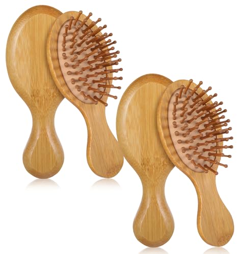 Juego de 2 cepillos de pelo pequeños de bambú natural con diseño compacto, material ligero para un masaje suave del cuero cabelludo, viajes, mujeres, hombres, niños y todo tipo de cabello