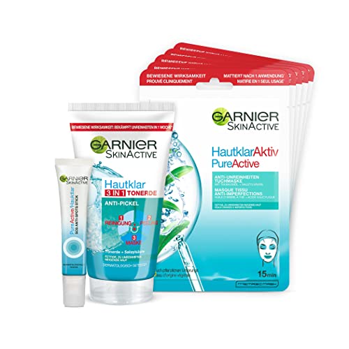 Garnier Gesichtspflege Set gegen unreine Haut, Mit 3in1 Reinigung, Peeling und Maske, Pickelstift und Tuchmaske, Für reine und mattierte Haut, SkinActive Pickel SOS Set, 3-teilig