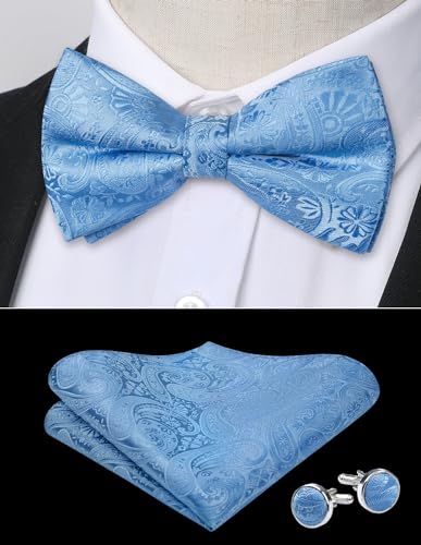 Image of HISDERN Bow Ties for Men Pretied Bow Tie Set Paisley Classic Bowties and Pocket Square Cufflinks Set for Wedding Party