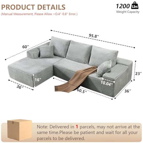 Image of 96 inch Modular Sectional Sofa, Modern Corduroy Cloud Couch with Deep Seat, Boneless Couch Upholstered 3-Seater L-Shaped Sofa for Living Room, No Assembly Required (Light Gray, Left-Facing Chaise)