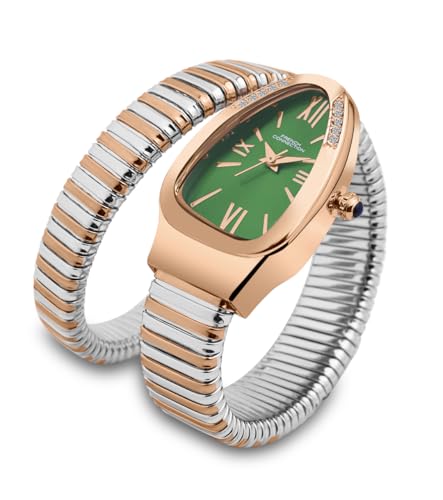 Image of French Connection Eternelle Curve | Green Dial with Rose Gold Case | Flexible Wrap Bracelet Strap | Crystal Accent Design | Roman Numerals Analog Watch for Women - FCN0142NRTM