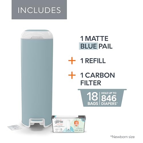 Image of Diaper Genie Platinum Pail (Glacial Blue) is Made in Durable Stainless Steel and Includes 1 Easy Roll Refill with 18 Bags That can Last up to 5 Months.