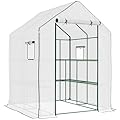 Outsunny 4.6' x 4.7' Portable Greenhouse, Water/UV Resistant Walk-in Small Outdoor Green House with 2 Tier U-Shaped Flower Rack Shelves, Roll Up Door & Windows, White